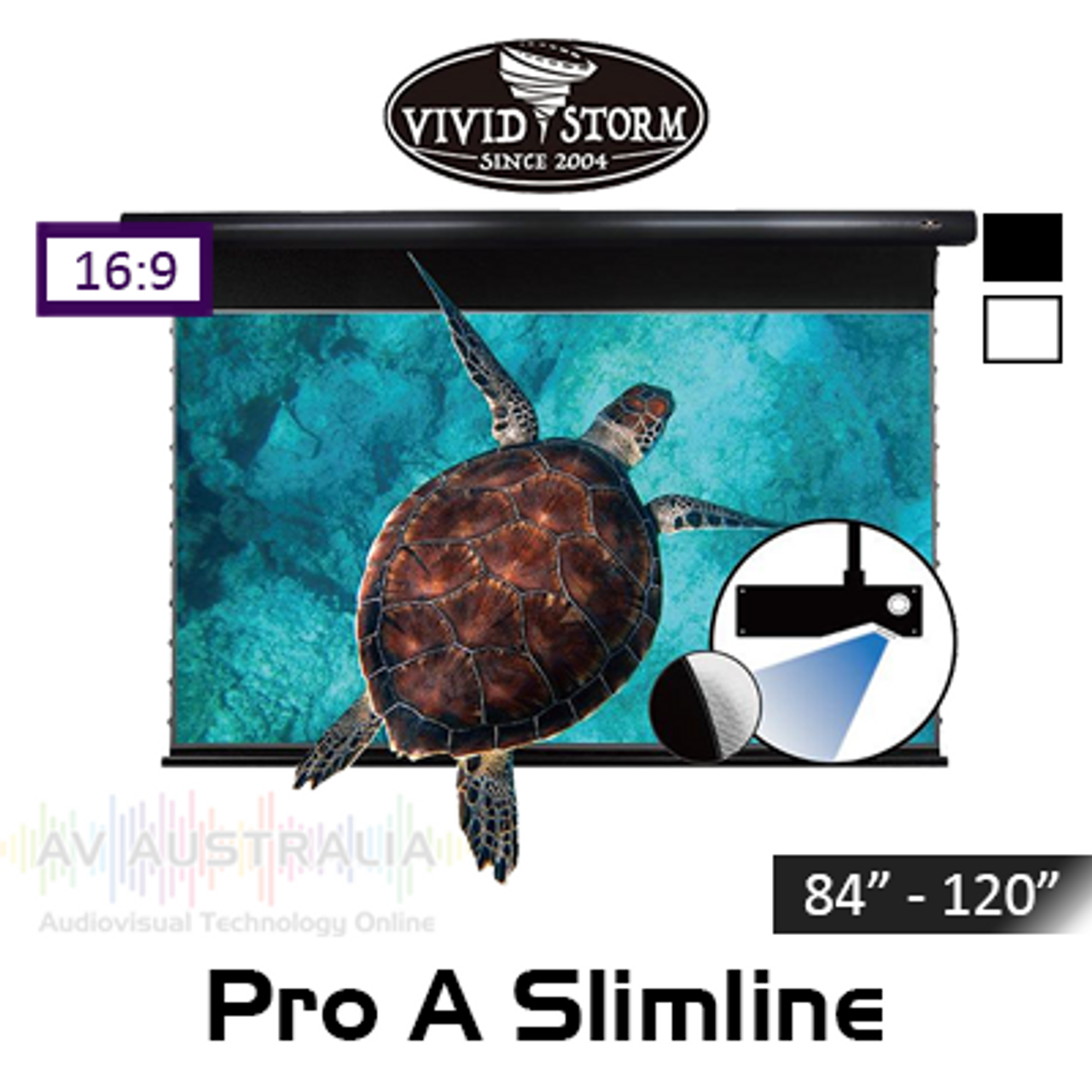 Vividstorm Pro A Slimline ALR UST Tab-Tension Motorised Projection Screens (84" - 120")
