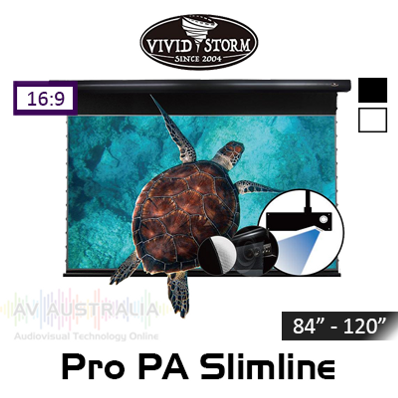 Vividstorm Pro PA Slimline ALR UST Perforated Tab-Tension Motorised Projection Screens (84" - 120")