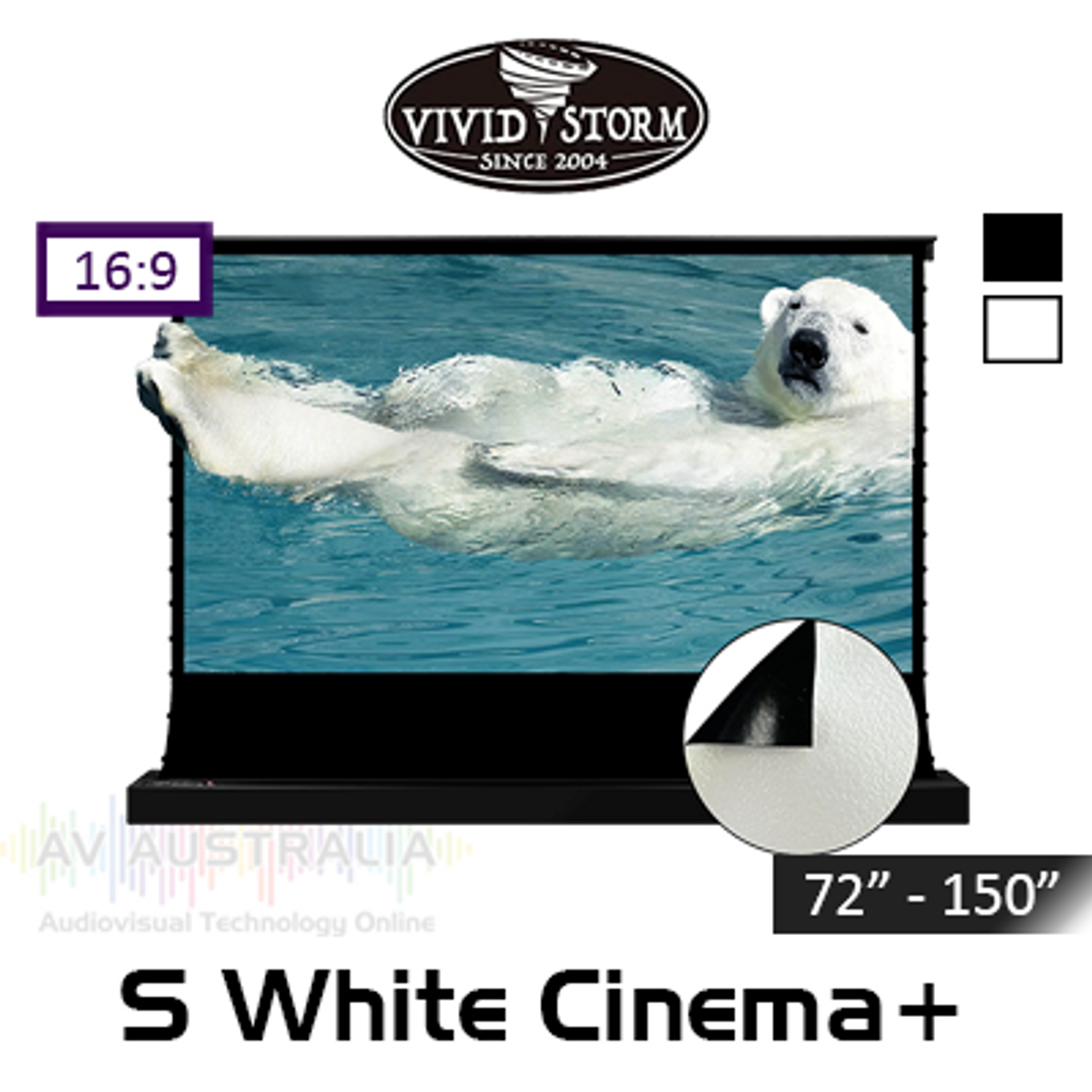Vividstorm S Pearlescent White Cinema Plus Tab-Tension Floor Rising Motorised Projection Screens (72" - 150")