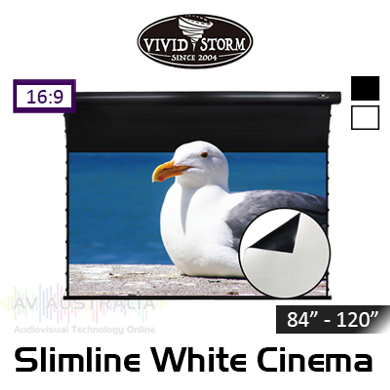 Vividstorm Slimline White Cinema Tab-Tension Motorised Projection Screens (84" - 120")