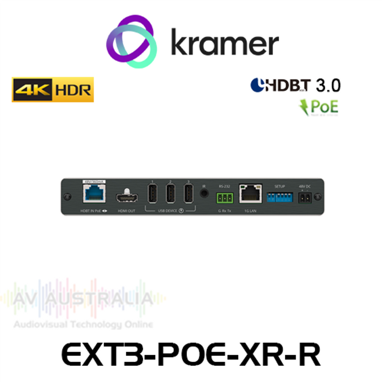 Kramer EXT3-POE-XR-R 4K60 4:4:4 HDBaseT 3.0 Receiver w/ PoE, USB, Ethernet, RS-232 & IR (up to 100m)