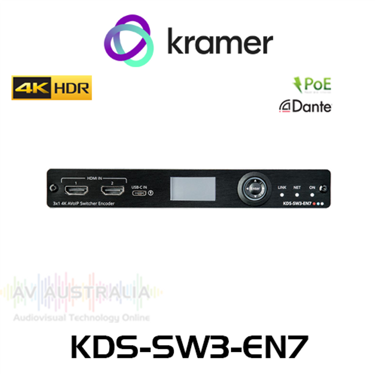 Kramer KDS-SW3-EN7 3x1 4K HDMI / USB-C AVoIP Encoder with Dante