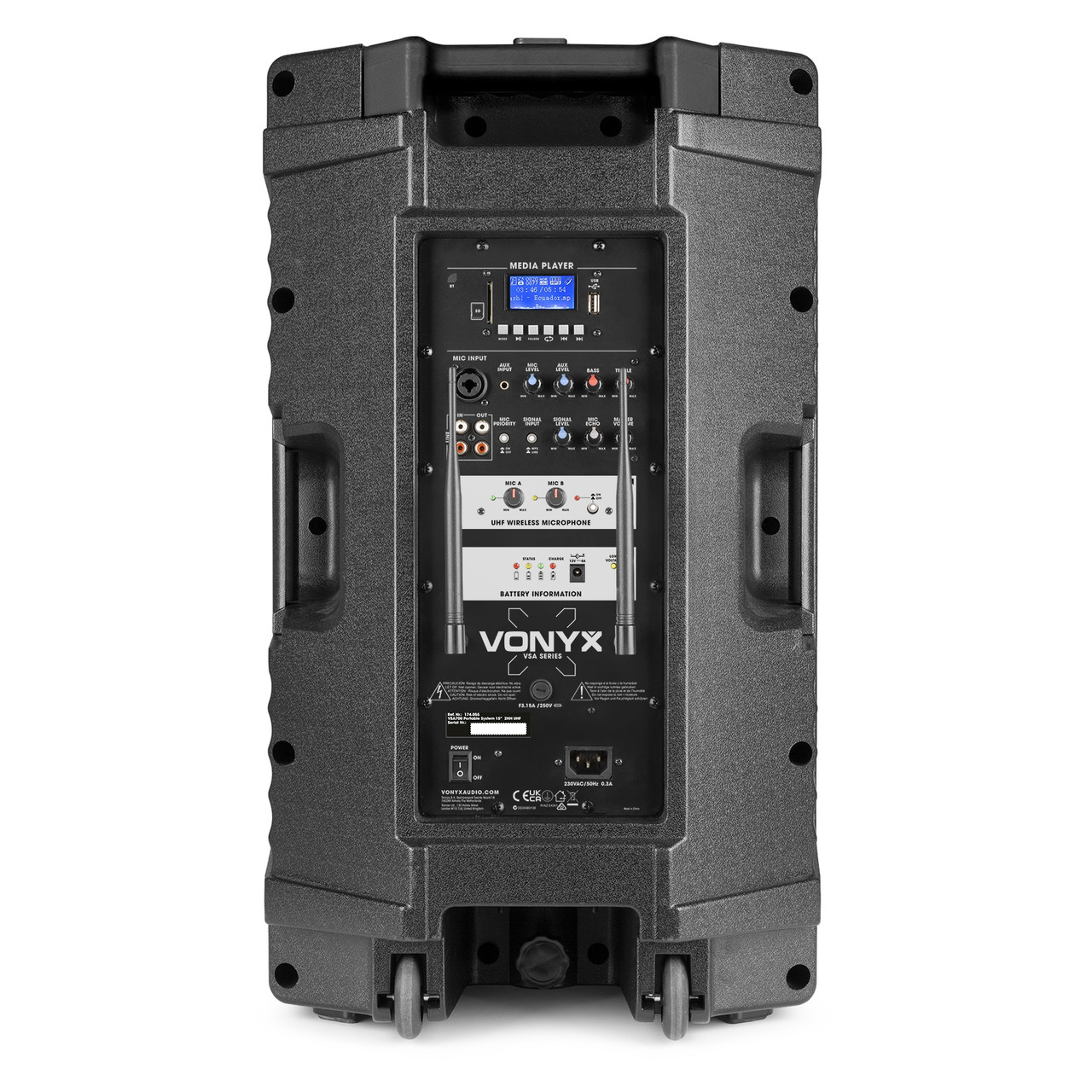 Vonyx VSA700 15" 1000W Battery Powered Portable PA System with Dual Wireless Handheld Mics