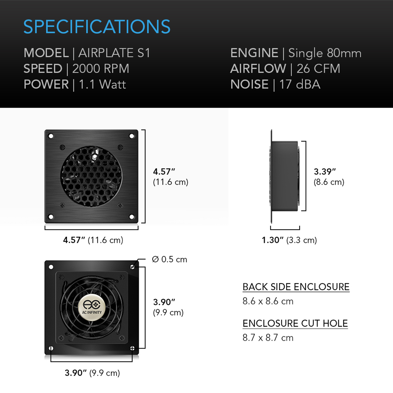 AC Infinity AP1TBKit 80mm Airplate S1 AV Cabinet Cooling Fan Kit