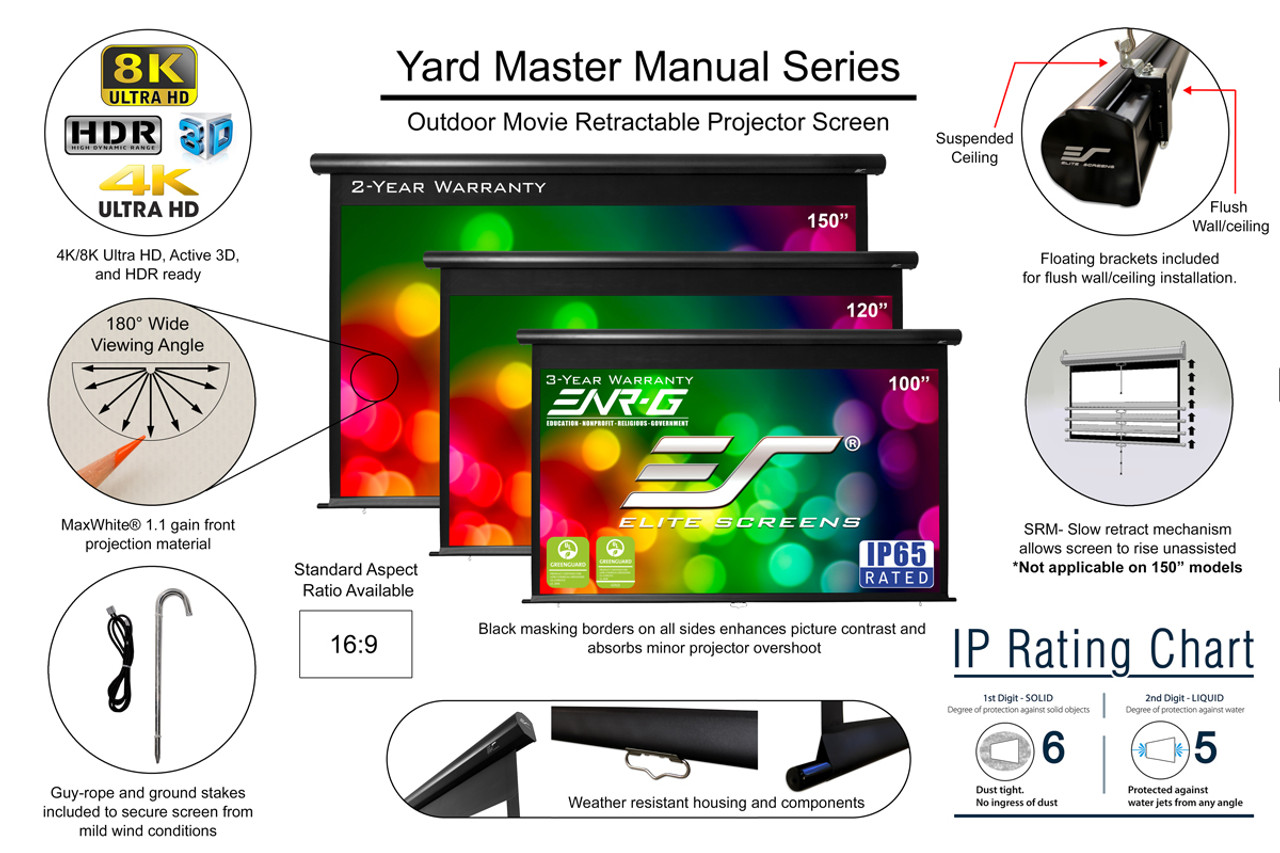 Elite Screens Yard Master IP65 Manual 16:9 Outdoor Projection Screens (100", 120")