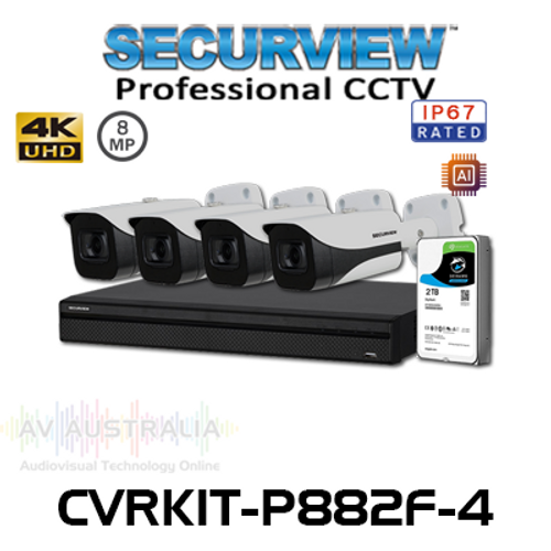 SecurView Professional 4 x 8MP Fixed Outdoor HDCVI Mini Bullet Cameras with 2TB AI DVR Surveillance Kit