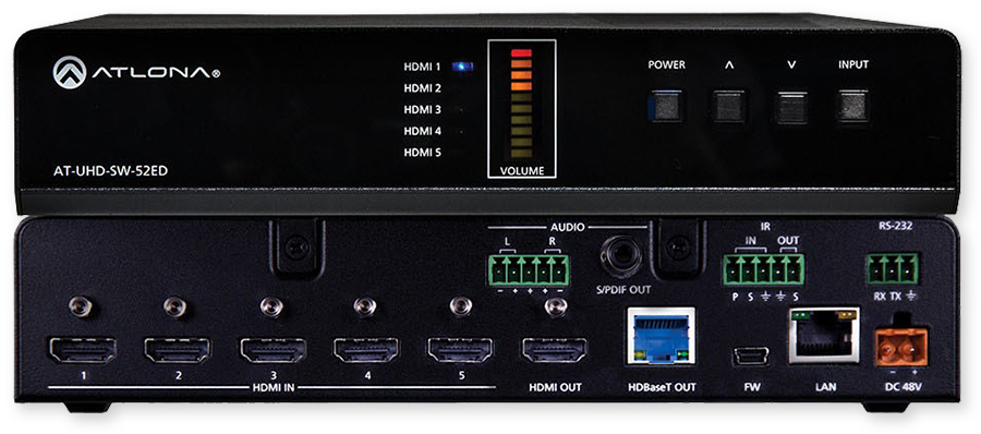 Atlona 4K UHD, 5-Input HDMI Switcher with Mirrored HDMI / HDBaseT Outputs / PoE