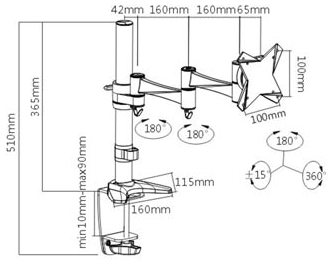 AVA H8220A 100MM VESA Desk Mount LCD Bracket - Dimensions