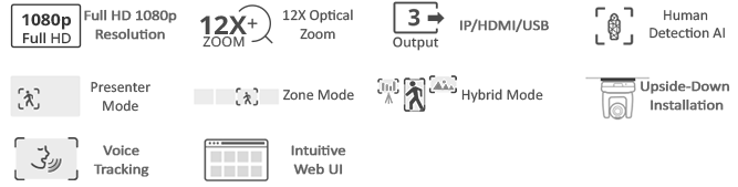 Aver PTC310HWV2 FHD 12x Optical AI Auto Tracking PTZ Camera features