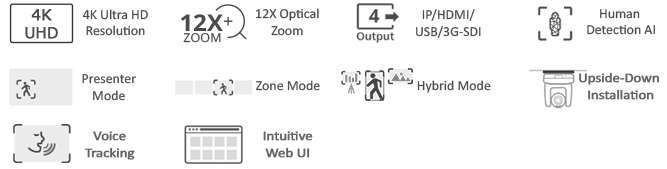 Aver PTC310UV2 4K 12x Optical AI Auto Tracking PoE+ PTZ Camera features