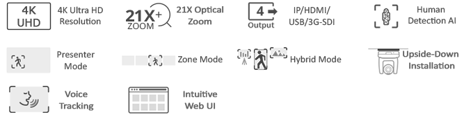 Aver PTC320UNV2 4K UHD 21x Optical AI Auto Tracking PoE+ PTZ Camera features