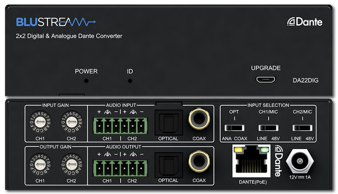 BluStream DA22DIG 2x2 Digital & Analog Dante Converter