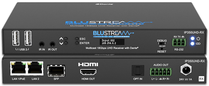 BluStream IP350UHD-RX IP Multicast 4K HDMI 2.0 Video Receiver with Dante