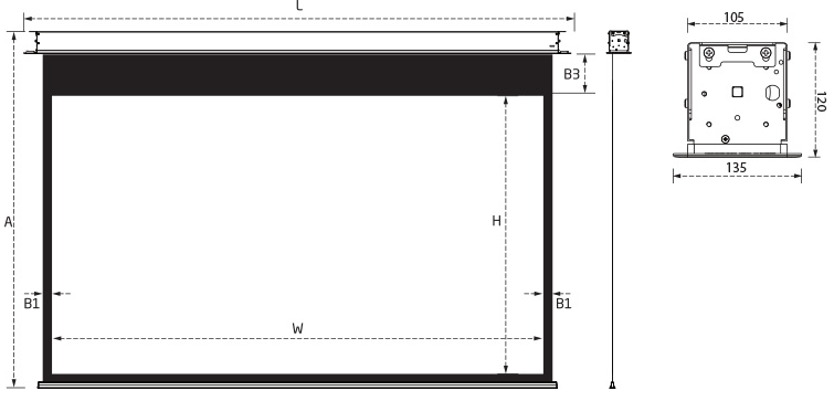 Grandview Ultimate Recessed Motorised In-Ceiling Projection Screens dimensions