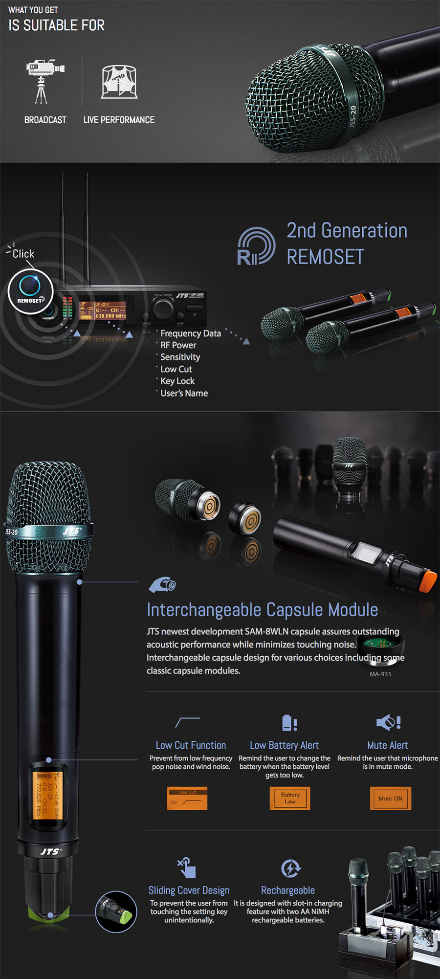 JTS UF-20S Single Channel UHF Wireless Microphone System - features