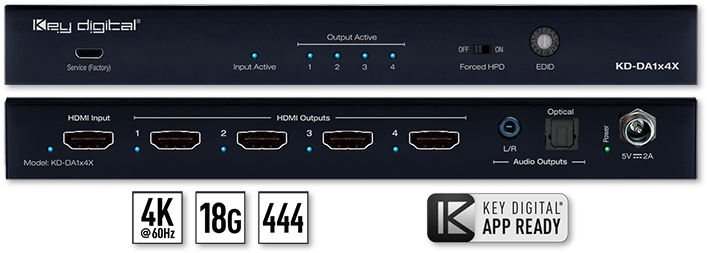 Key Digital 1:2/4 4K 18G HDMI Distribution Amplifier with Optical & Analog Audio De-Embedder