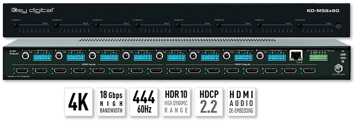 Key Digital KD-MS8x8G 8x8 4K 18G HDMI Audio Matrix Switcher with Digital Coaxial & Analog Audio De-Embedded Output