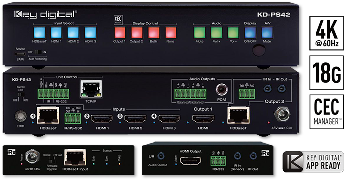 Key Digital KD-PS42 4x2 4K 18G HDBaseT Presentation Switcher with Audio De-Embedding + Receiver