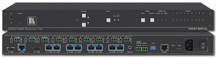 Kramer VM-218DTxr 2x1:8 4K 4:2:0 HDMI & HDBaseT w/ Ethernet, IR, RS-232 & Stereo Audio Switchable DA