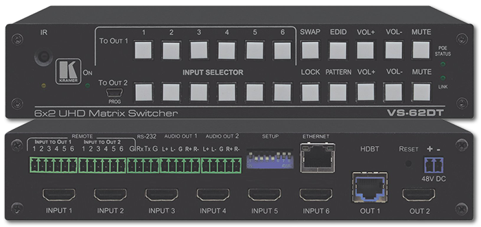 Kramer VS-62DT 6x2 4K60 4:2:0 HDMI/HDBaseT PoE Matrix Switcher