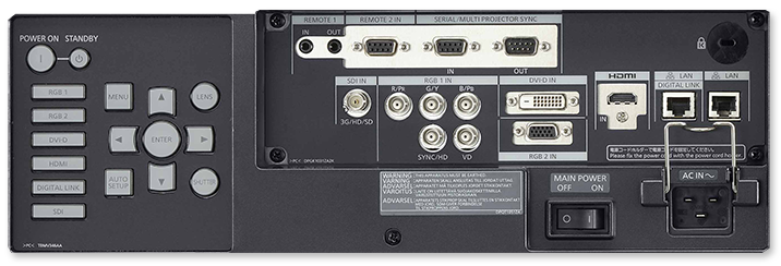 Panasonic PT-RZ120BE WUXGA 12,000 Lumen Digital Link 1-Chip DLP Laser Projector connectivity panel