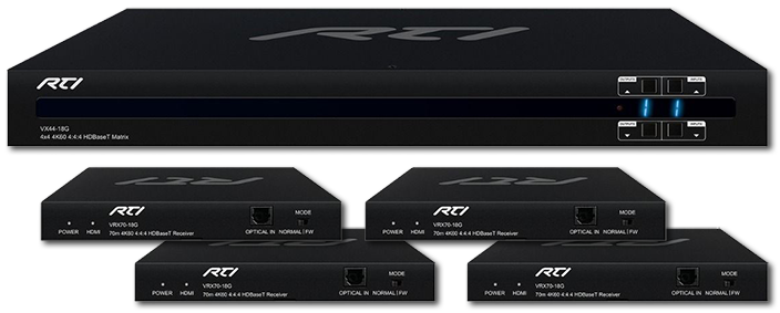 RTI VX44-18G-KIT 4x4 4K HDBaseT Matrix Switcher with 4 Receivers