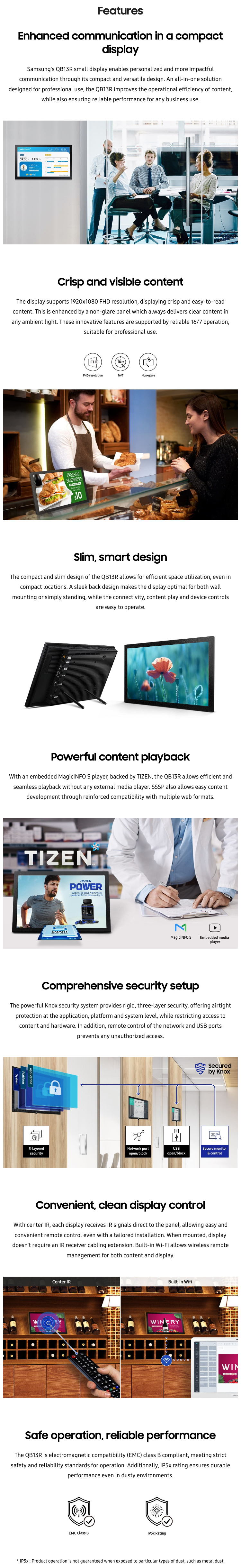 Samsung QB13R 13" Full HD Tizen Powered 16 7 Digital Signage features