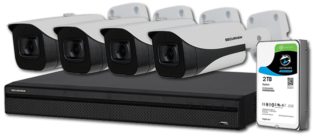 SecurView Professional 4 x 8MP Fixed Outdoor HDCVI Mini Bullet Cameras with 2TB AI DVR Surveillance Kit
