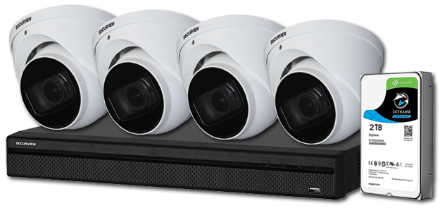 SecurView Professional 4 x 8MP Motorised Outdoor HDCVI Turret Cameras with 2TB AI DVR Surveillance Kit