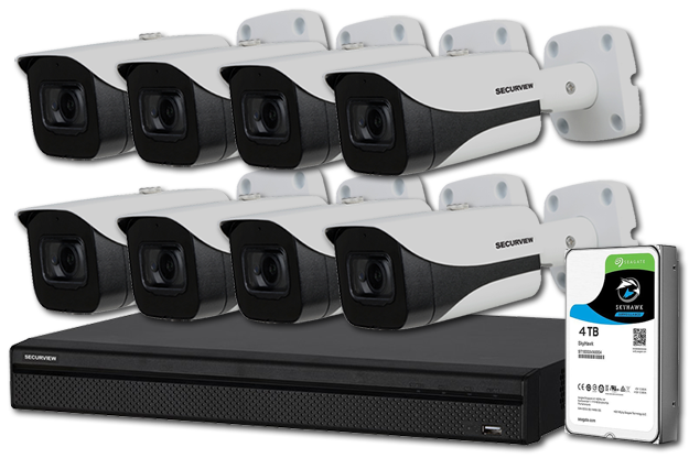 SecurView Professional 8 x 8MP Fixed Outdoor HDCVI Mini Bullet Cameras with 4TB AI DVR Surveillance Kit