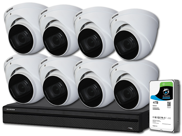 SecurView Professional 8 x 8MP Motorised Outdoor HDCVI Turret Cameras with 4TB AI DVR Surveillance Kit