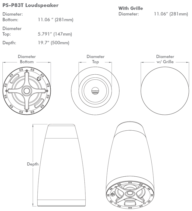 Sonance PS-83T 8" 70 100V Pendent Ceiling Speakers - diamensions