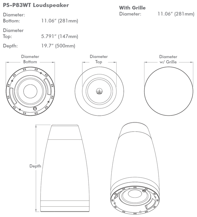 Sonance PS-83WT 8" 70 100V Pendent Ceiling Speaker - dimensions