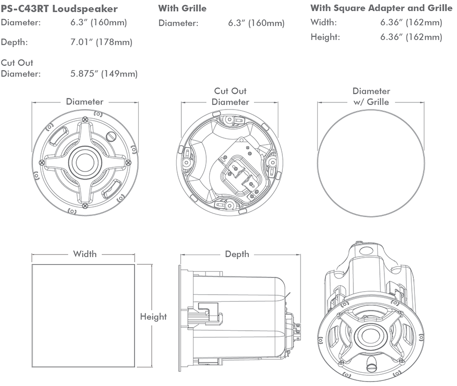 Sonance PS-C43RT 4" 70 100V 8 Ohm In-Ceiling Speaker - dimensions