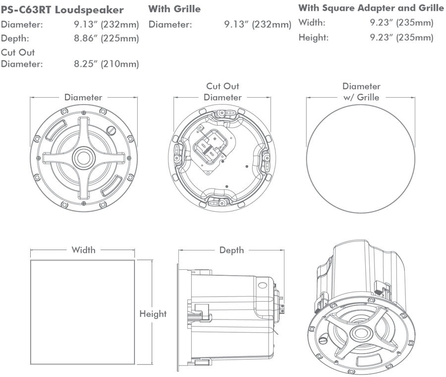 Sonance PS-C63RT 6.5" 70 100V 8 Ohm In-Ceiling Speaker - dimensions