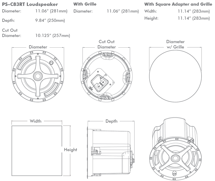 Sonance PS-C83RT 8" 70 100V 8 Ohm In-Ceiling Speaker - dimensions