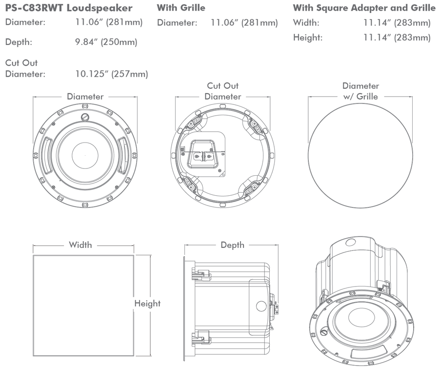 Sonance PS-C83RWT 8" 70 100V 8 Ohm In-Ceiling Speaker - dimensions