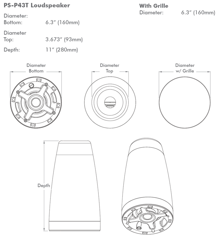 Sonance PS-P43T 4" 70 100V Pendant Ceiling Speaker - dimensions