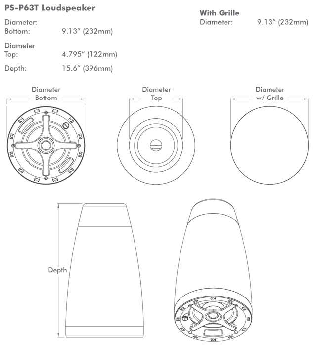 Sonance PS-P63T 6.5" 70 100V Pendant Ceiling Speaker - dimensions