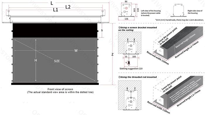 Vividstorm Phantom ALR UST Tab-Tension Recessed In-Ceiling Motorised Projection Screen dimensions