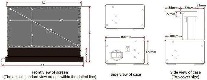 Vividstorm S Pro P ALR UST Tab-Tension Floor Rising Motorised Projection Screen diemensions