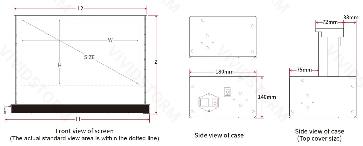 Vividstorm Titan Tab-Tension Floor Rising Motorised Projection Screens dimensions