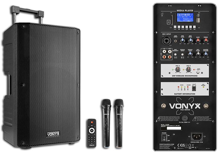 Vonyx VSA700 15" 1000W Battery Powered Portable PA System with Dual Wireless Handheld Mics