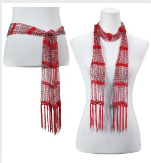 Silver Beaded Open Ended Scarf Red