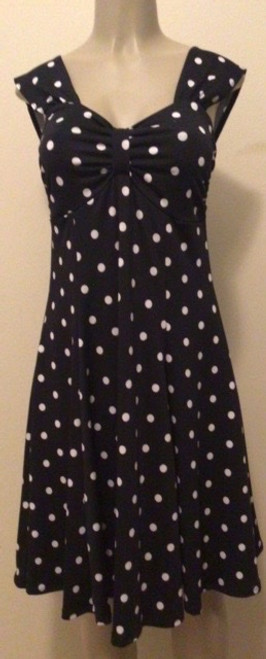 Sleeveless Street Length Dress with Ruched Bodice Black with White Polka Dot