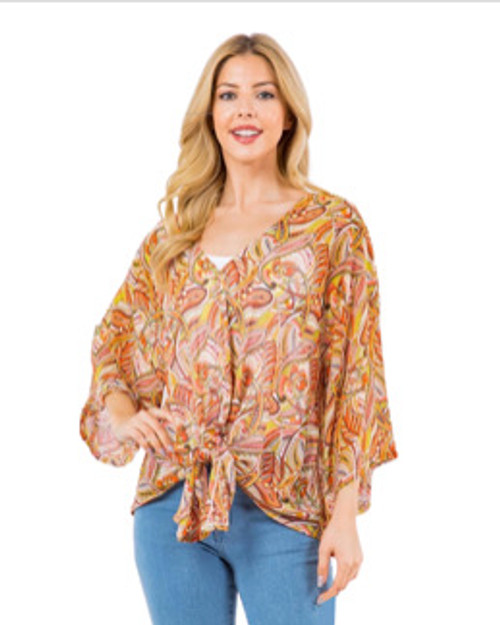3/4 Sleeve One Size Print Lightweight Tie Top Orange Paisley Print with Leaves