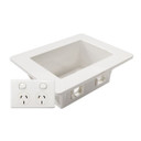 DYNAMIX Recessed Wall Box with 2x AMDEX style outlets. Incl. 2x ports switched GPO. Suitable for 70 & 90 mm wall cavities. For plaster walls only. Outside face: 185 x 145mm. Recess: 166 x 100mm. Depth: 63mm.