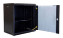 DYNAMIX 12RU Wall Mount Cabinet 450mm Deep (600 x 450 x 635mm). Includes 1x Fixed Shelf, 2x Fans & 10x Cage Nuts. Black Gloss Colour, front door.