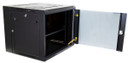 DYNAMIX 9RU Universal Swing Wall Mount Cabinet. Removable Back mount supplied with Left & Right Hinges (600 x 550 x 501mm). Includes 2x fans, 1 x fixed shelf, 10 x cage Gloss black colour.