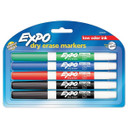 EXPO Dry Erase Markers with Fine Point Tips. 4x Assorted Colours. Includes Red - Blue - Green - & Black Colours. Bright - Vivid - Non-toxic Ink. Quick Drying. Smear-proof. Erases Cleanly & Easily with Cloth.